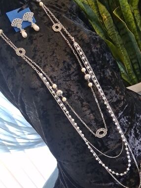 Multi-Strand Silver and Pearl Necklace 34 & 36 In. Set with Earrings